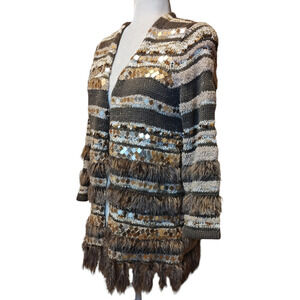 New Chico's Greta Cardigan Sweater Womens Med Mirror Front Silky Fringe Faux Fur